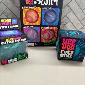 Needoh Squishy Toy Set - Multicolor mini swirl, Nice Cube and Fuzz Ball